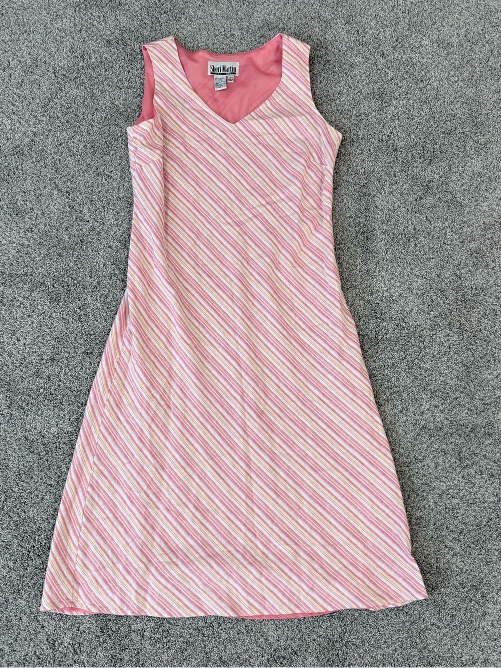 Vintage Sheri Martin Pink Striped Sleeveless A Line Midi Dress Women’s US 12